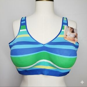 Cacique 42DDD NEW Bra Wire-free Sports Soft Comfort Support Cotton Blue Stripes